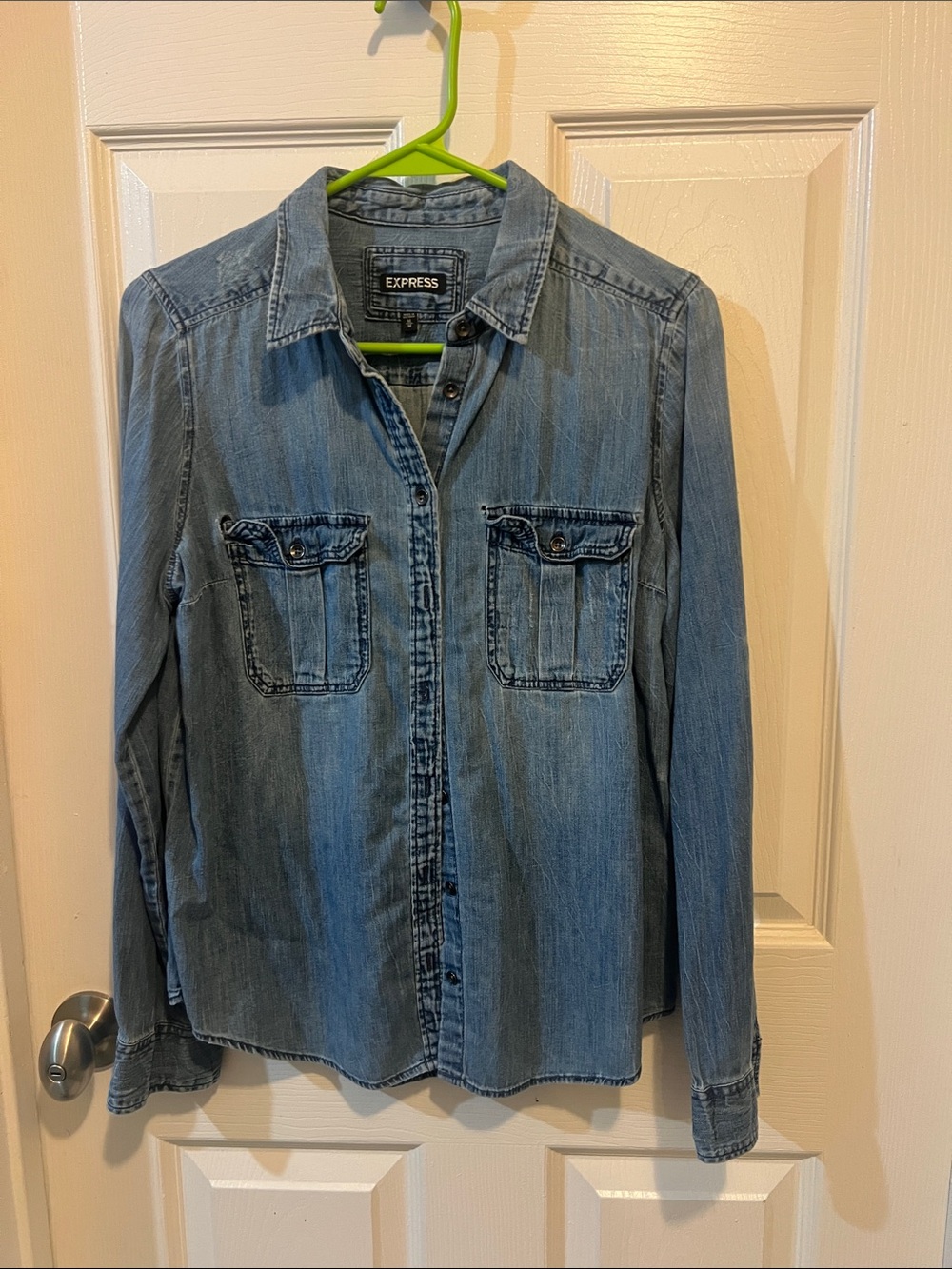 Express Washed Denim Button-Up Shirt - Light Blue